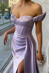 Newinlook Stunning Lilac Off-The-Shoulder Slit Evening Dress Long With Ruffle